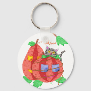 Katze versteckt sich hinter Kürbis, weißer runder  Schlüsselanhänger