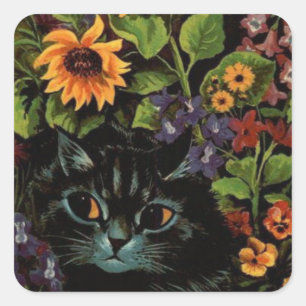 Katze versteckt sich in Blumen von Louis Wain Aufk Quadratischer Aufkleber