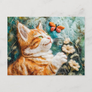 Katze versucht einen Schmetterling auf einer Wiese Postkarte