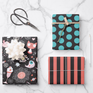 Katze, Vögel, Blume, Eiskrempel, Set Geschenkpapier Set