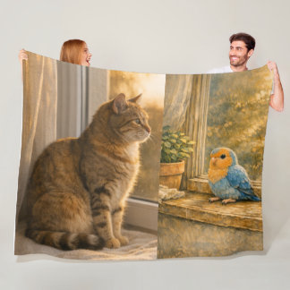 Katze & Vogel Fensterbegleiter Kuschel-Fleece-Deck Fleecedecke