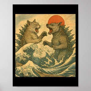 Katze Vs Hund Kaiju Monster Japanischer Ukiyo-e St Poster