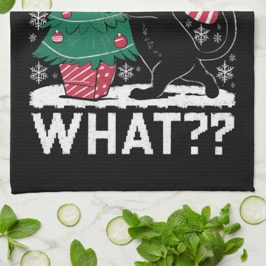 Katze Was lustige schwarze Katze Pushing Weihnacht Geschirrtuch (Gefaltet)