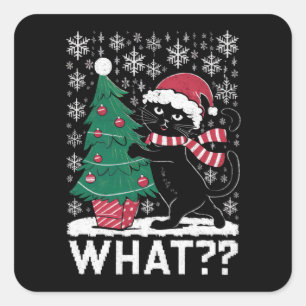 Katze Was lustige schwarze Katze Pushing Weihnacht Quadratischer Aufkleber