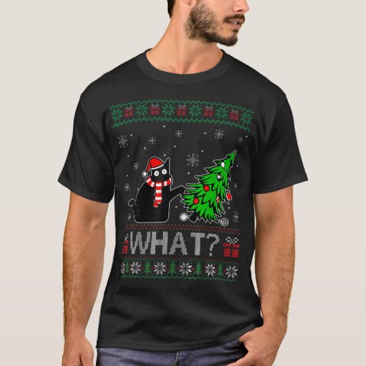 Katze, was schwarze Katze Pushing Weihnachtsbaum h T-Shirt (Vorderseite)