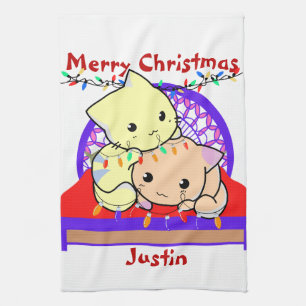 Katze Weihnachten im Bett, personalisierter Name Geschirrtuch
