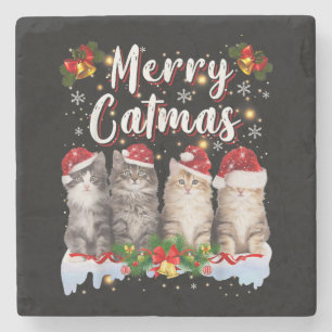 Katze Weihnachten Santa Hut Lustig Fröhliche Katma Steinuntersetzer