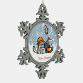 Katze Weihnachten, Schnee, Cartoon, lustig Schneeflocken Zinn-Ornament (Links)