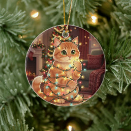 Katze & Weihnachtslichter – Spielende Katze Keramik Ornament