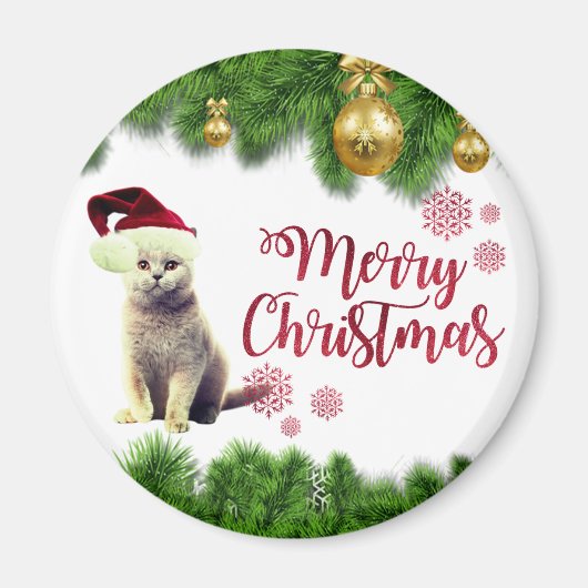 Katze, Weihnachtsmannmütze, Weihnachtsbälle Magnet (Vorne)
