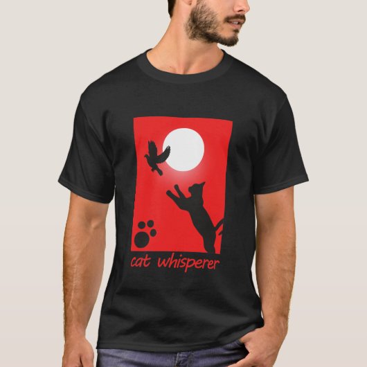 Katze Whisperer Retro Rot mit Vogel T-Shirt (Vorderseite)