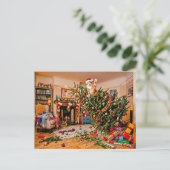 Katze winkt vom Weihnachtsbaum Postkarte (Stehend Vorderseite)