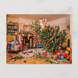 Katze winkt vom Weihnachtsbaum Postkarte