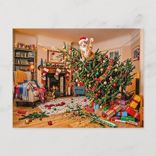 Katze winkt vom Weihnachtsbaum Postkarte (Vorderseite)