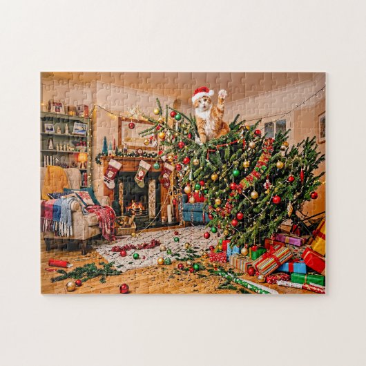 Katze winkt vom Weihnachtsbaum Puzzle (Horizontal)