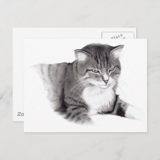 Katze: Zeichnend Stift: Originalität Postkarte (Vorne/Hinten)