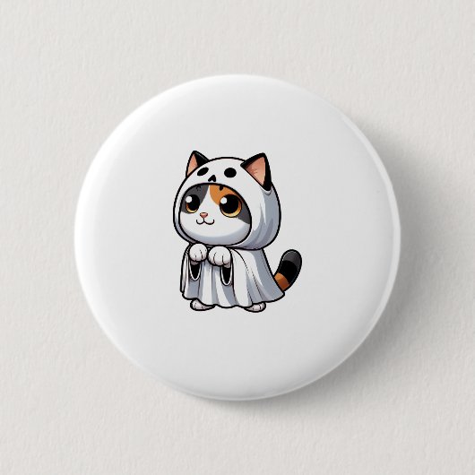 Katze zu Halloween in Ghost-Kostüm Button (Vorderseite)