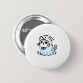 Katze zu Halloween in Ghost-Kostüm Button (Vorne & Hinten)