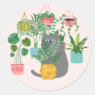 Katze zwischen Pflanze Funny Runder Aufkleber