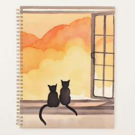 Katzen am Fenster | Sonnenuntergang Wasserfarbe Si Planer