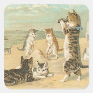 "Katzen am Strand" Vintage Quadratischer Aufkleber