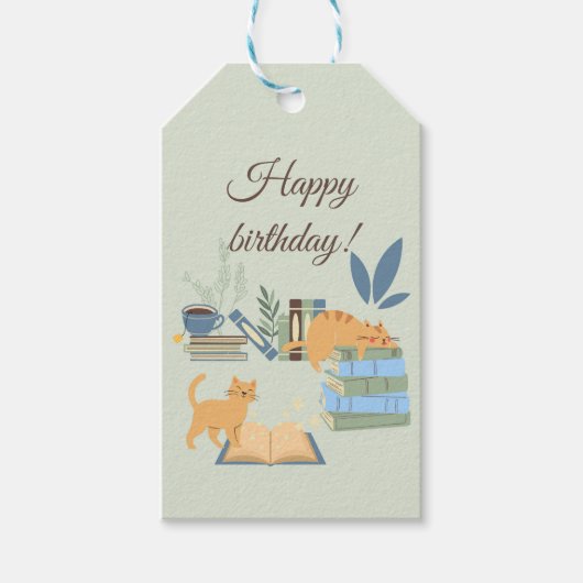 Katzen auf Büchern Geburtstag Geschenkanhänger (Vorderseite)