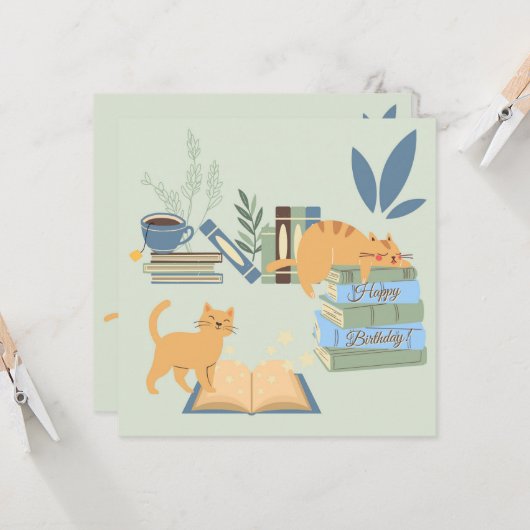Katzen auf Büchern Geburtstag Karte (Vorderseite/Rückseite Beispiel)