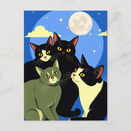 Katzen auf dem Kessel unter Vollmond Postkarte (Vorderseite)