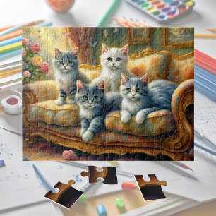 Katzen auf dem Sofa - niedliche Szene im Vintagen  Puzzle
