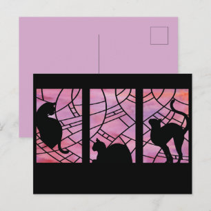 Katzen auf einem Buntglasfenster - Morgendämmerung Postkarte