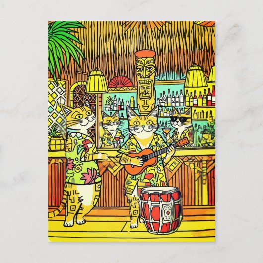 Katzen auf einem Inselurlaub in einem Tiki-Bar Postkarte (Vorderseite)