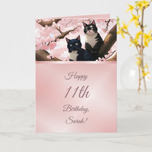 Katzen auf einem Kirschblossom Bäume Mädchen Gebur Karte (Gelbe Blume)