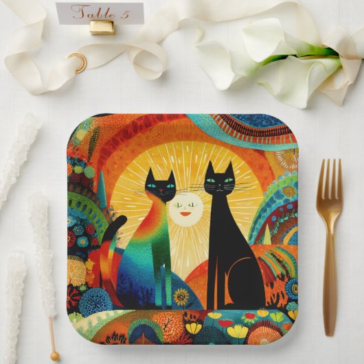 Katzen auf hellem und farbenfrohem Hintergrund, Pappteller (Hochzeit)