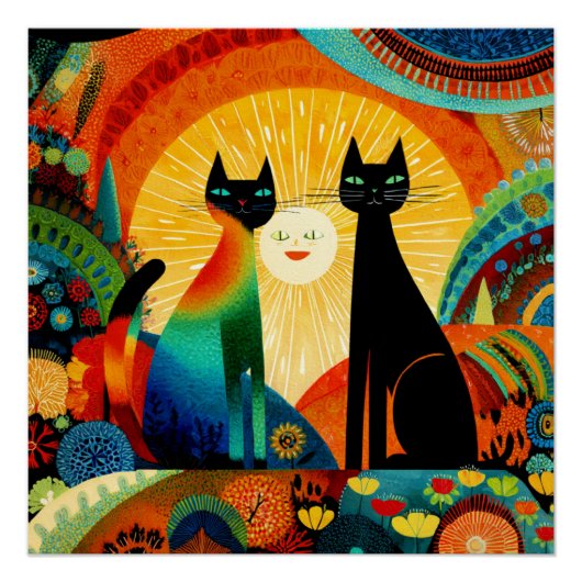 Katzen auf hellem und farbenfrohem Hintergrund, Poster (Vorderseite)