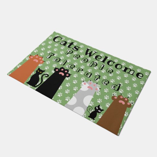 Katzen Begrüßen Menschen toleriert Türmatte (Schrägansicht)