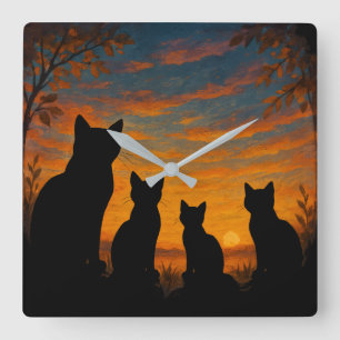 Katzen beobachten den Sonnenuntergang Quadratische Wanduhr