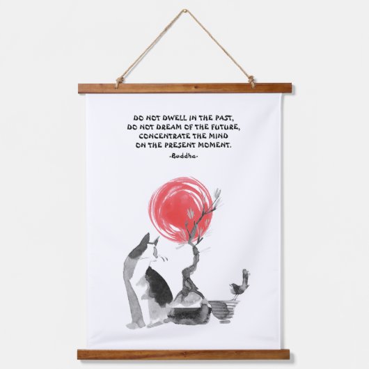 Katzen beobachten Vögel und Buddha Zitat Wandteppich Mit Holzrahmen (Vorderseite)