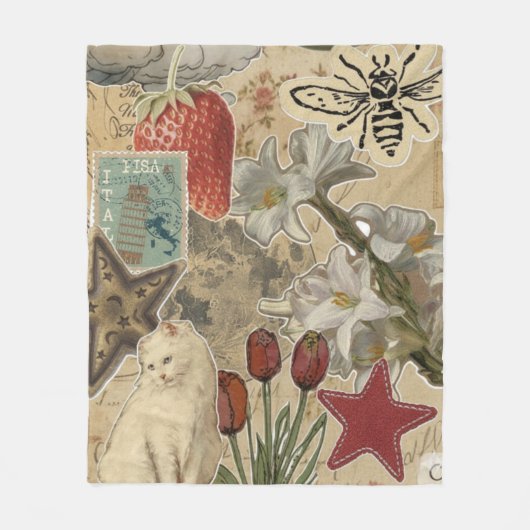 Katzen-Blumen-Collage-Muster – Hübsches künstleris Fleecedecke (Vorderseite)