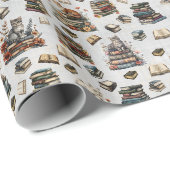 Katzen & Bücher auf Hellgrau Geschenkpapier (Rolleneckpunkt)