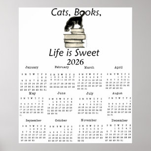 Katzen, Bücher Das Leben ist süß 2026 Ein-Seiten-K Poster