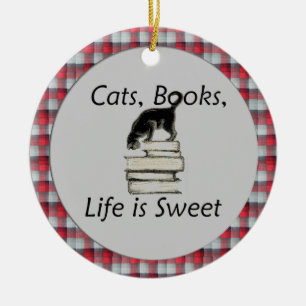 Katzen, Bücher, Leben ist mit karierter Keramik Ornament
