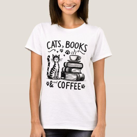 Katzen, Bücher und Kaffee T-Shirt (Vorderseite)