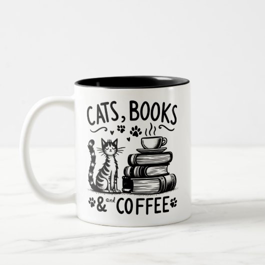 Katzen, Bücher und Kaffee Zweifarbige Tasse (Links)