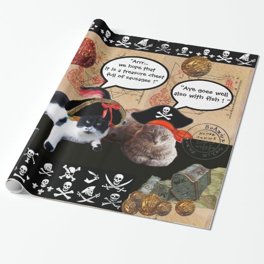 KATZEN DER PIRATE UND KARTEN DER ANTIKEN PIRATEN GESCHENKPAPIER (Ungerollt)