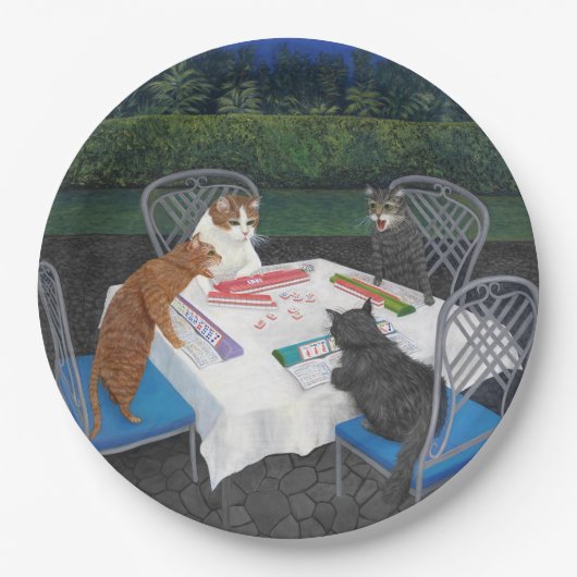 Katzen, die Mahjong-Papierplatte spielen Pappteller (Vorderseite)