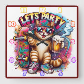 Katzen, die mit Skateboard feiern und trinken Quadratische Wanduhr (Vorderseite)