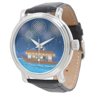 Katzen, die sich in Feuerwerken erfreuen, an Bord  Armbanduhr