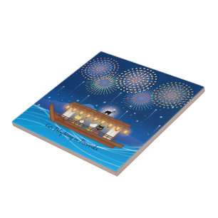 Katzen, die sich in Feuerwerken erfreuen, an Bord  Fliese