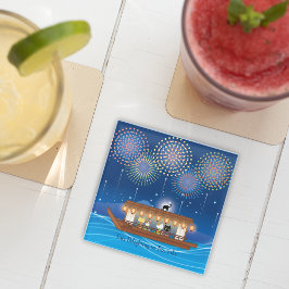 Katzen, die sich in Feuerwerken erfreuen, an Bord Glasuntersetzer