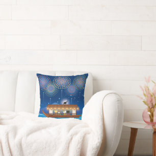 Katzen, die sich in Feuerwerken erfreuen, an Bord Kissen